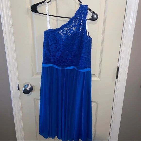 knee length dresses for ladies Blue Lace One Shoulder Tulle Prom Dress Long Formal Dress,WP280 – winkbridal main image 1